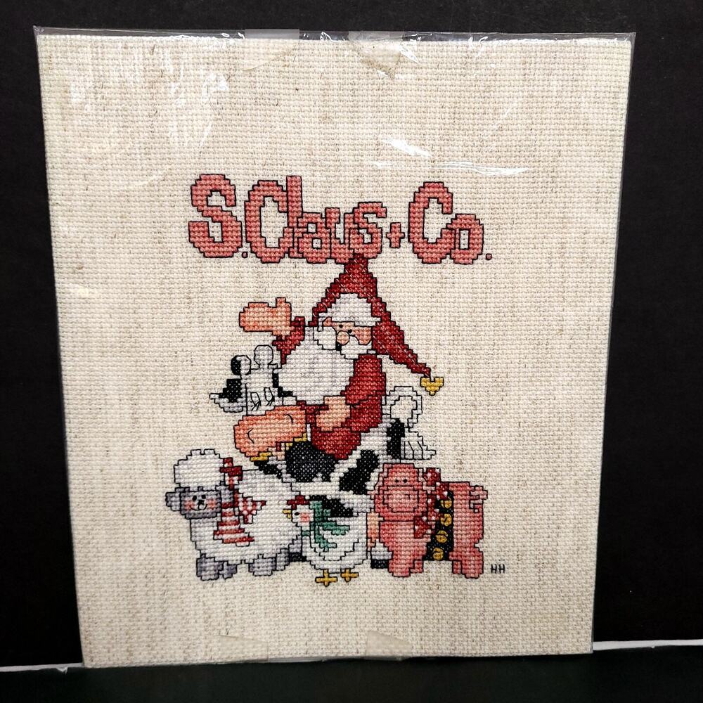 Handmade Cross Stitch S Claus & Co Santa Farm Animals Christmas Folk Art